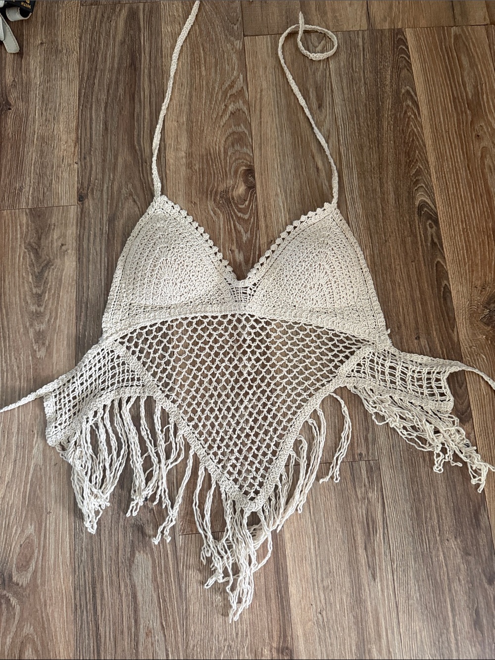 Handmade Crochet Fringe Halter Top - Cream